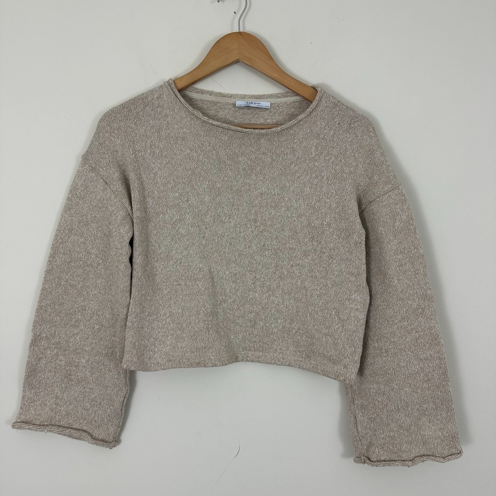 Zara Basics Cropped Rolled Raw Hem Portugal Sweater Beige Knit Y2K VTG Womens M